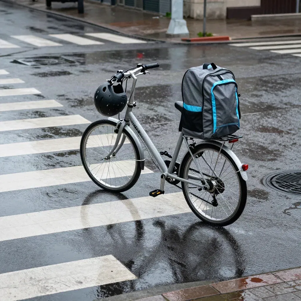 Fahrrad mit Helm und reflektierendem Rucksack auf nasser Kreuzung nach dem Regen.