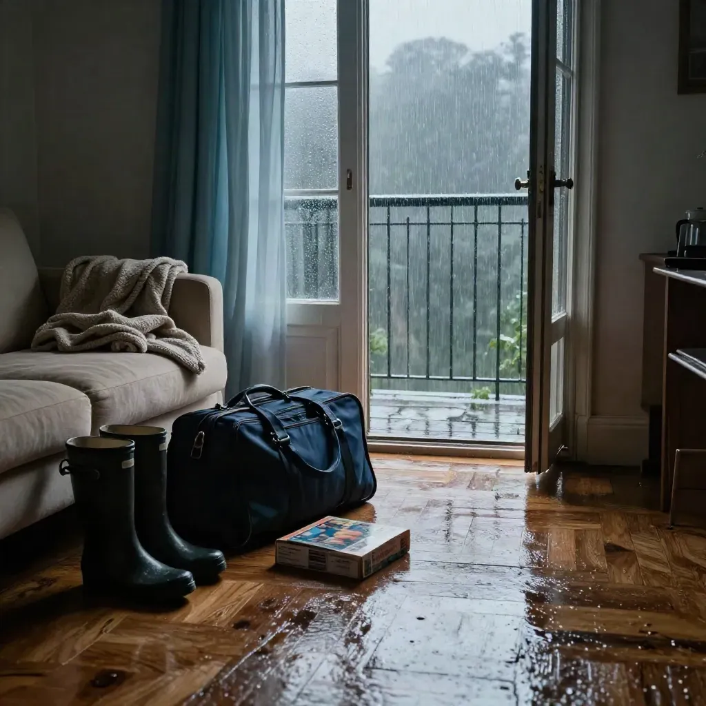 Regentag im Wohnzimmer mit Weekender, Gummistiefeln und offener Balkontür.