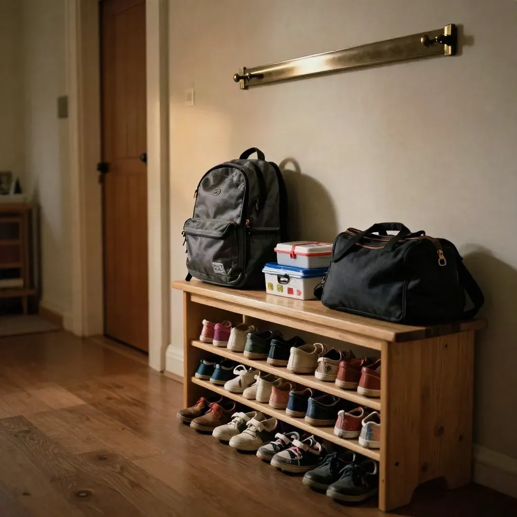Eingangsflur mit Schulranzen, Brotdose, Malkästen und Kinderschuhen im Abendlicht.