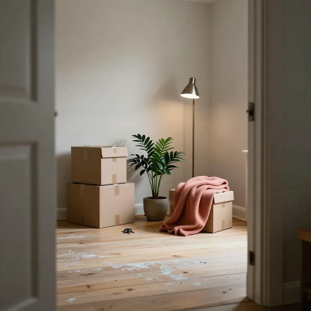 Neue Wohnungsecke mit Umzugskartons, Schlüsseln, Pflanze, Lampe und Decke im warmen Licht.