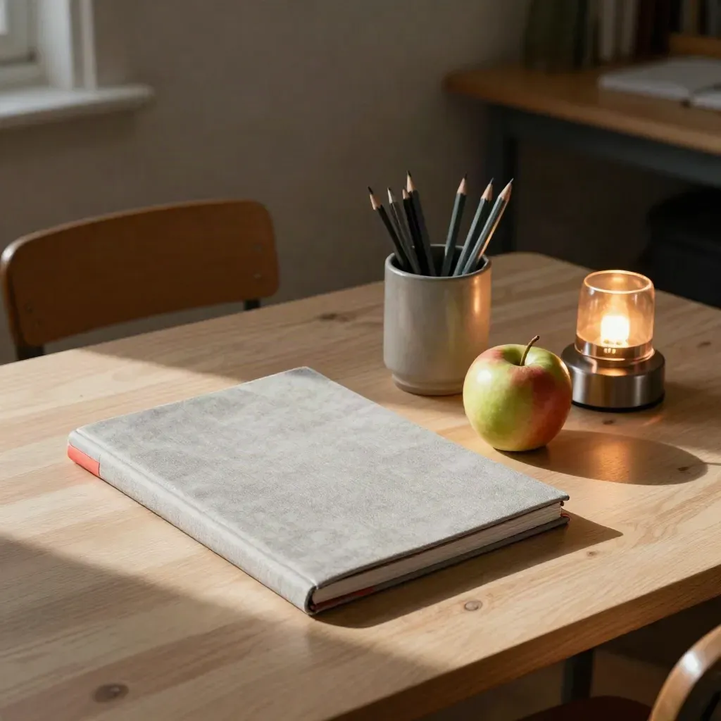Geschlossener Hausaufgabenhefter, Apfel und Schreibtischlampe am ruhigen Kinderarbeitsplatz.