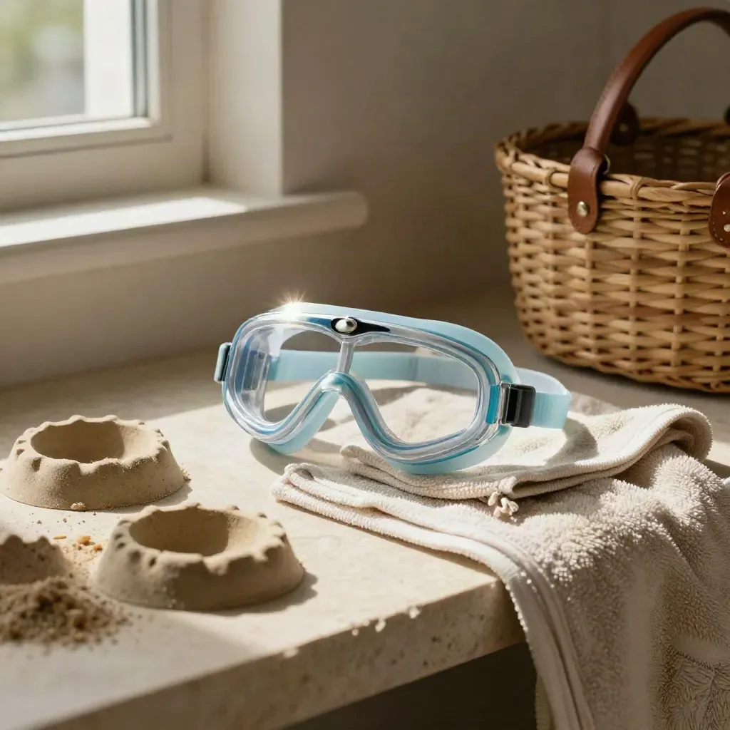 Schwimmbrille, Sandförmchen, Handtuch und Ausflugskorb auf Steinsims